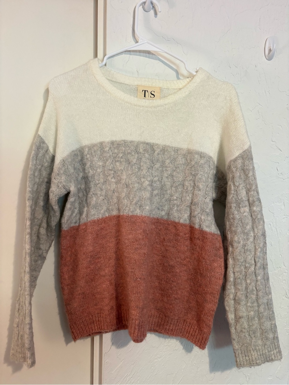 TS Colorblock Cable Knit Crewneck Sweater - Cream, Gray & Rust